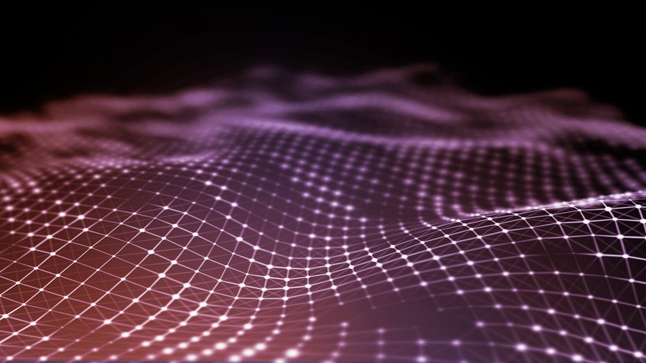 Rippled plane representing spacetime with lattice of dots and lines laid on top