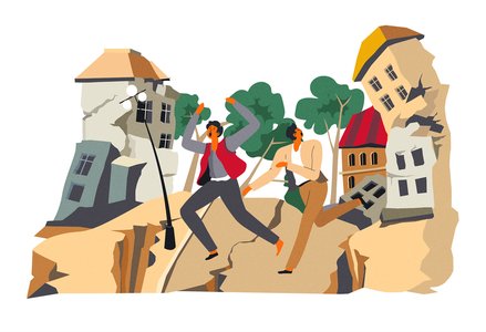 People run from an earthquake in a city.