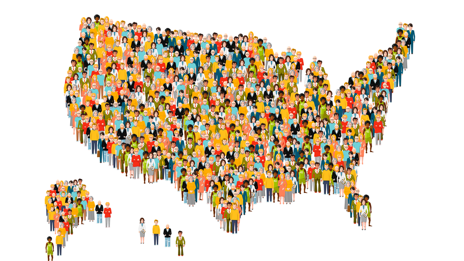 Illustration of a diverse group of people arranged in the shape of the United States map, symbolizing the American population.