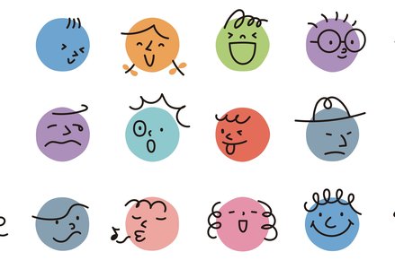 A whimsical collection of simple, colorful, cartoon faces, each within a circular background of various colors. Each face has a unique expression, depicting a range of emotions and personality traits, such as happiness, surprise, and sadness.