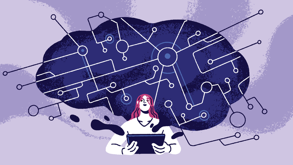 A person holds a tablet with neural connections extending from a brain-shaped cloud, symbolizing cognition and technology. The purple background adds a futuristic feel.