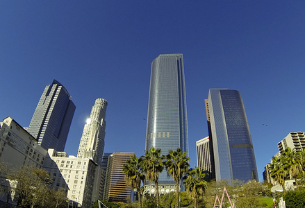 Fish-eye lens photo of downtown Los Angeles skyscrapers