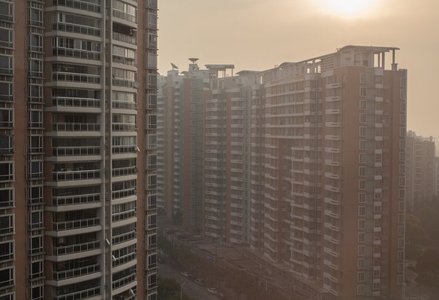 Apartment buildings in smog