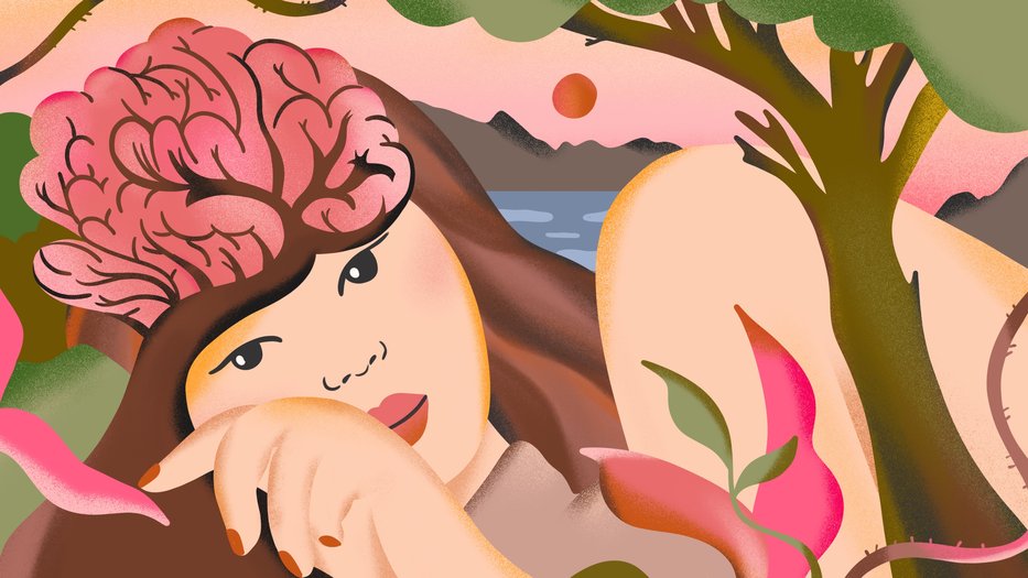 A surreal illustration of a person with a pink brain, surrounded by a tree, mountains, and water, creating a dreamy, introspective scene.