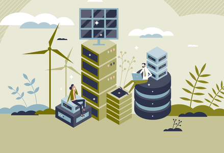 Illustration of wind turbines, solar panels, and plants around large data centers symbolizing sustainability and renewable energy in technology.