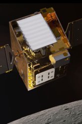 Small artist graphic of Lunar Trailblazer spacecraft above the Moon