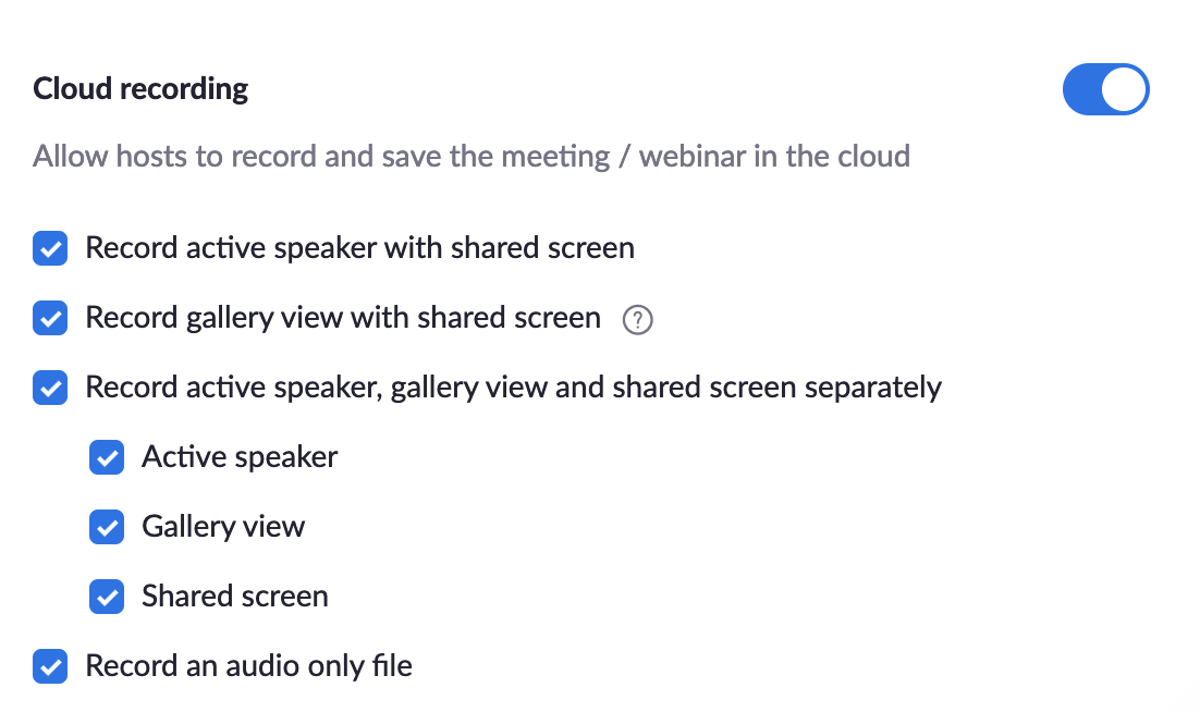 list of check boxes for Zoom Cloud to record multiple settings