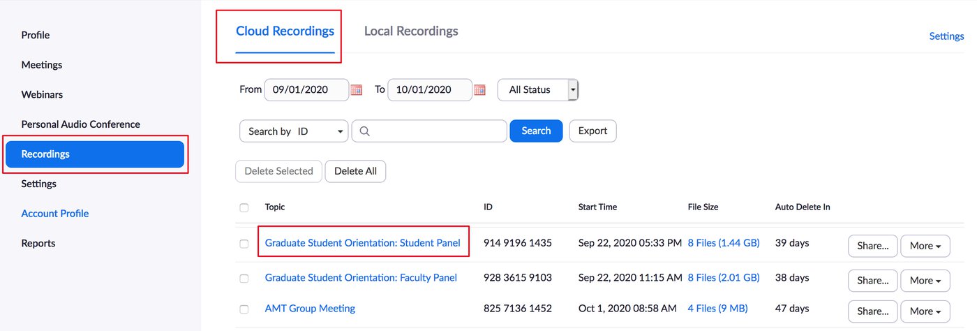 ZOom profile where to find cloud recording list
