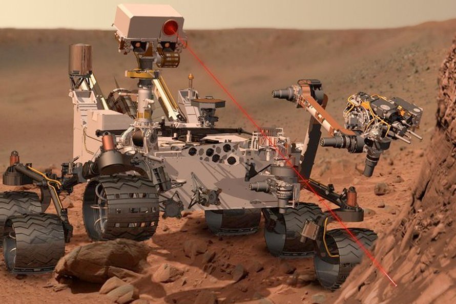 Illustration depicting the rover Curiosity, of NASA's Mars Science Laboratory mission, as it uses its Chemistry and Camera (ChemCam) instrument to investigate the composition of a rock surface.