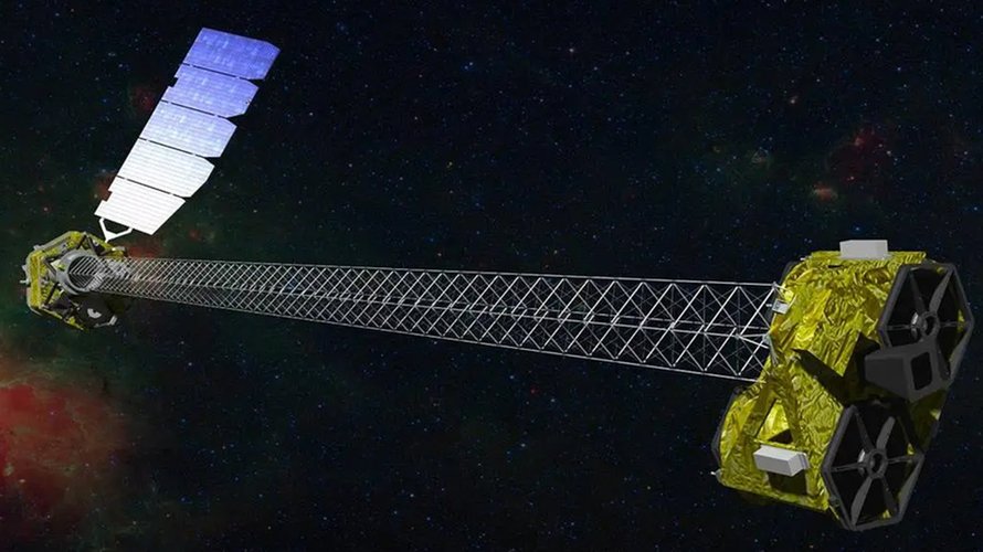 The NuSTAR telescope against the black backdrop of space.