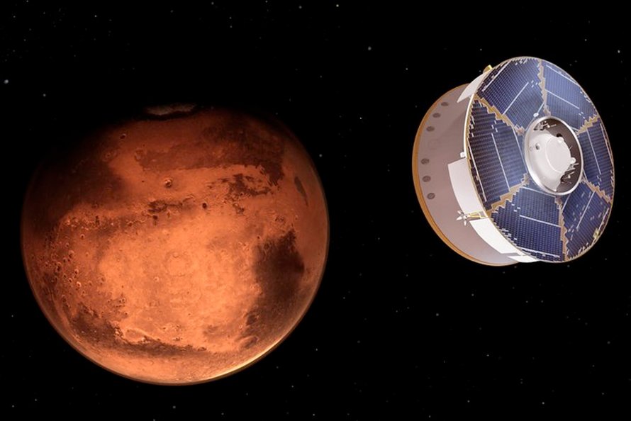 Illustration showing NASA's Mars 2020 spacecraft carrying the Perseverance rover as it approaches Mars.