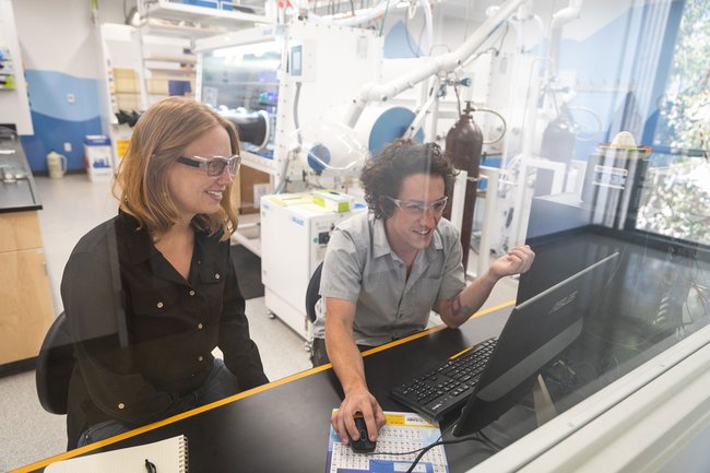Two students conducting research at the Resnick Sustainability Center.