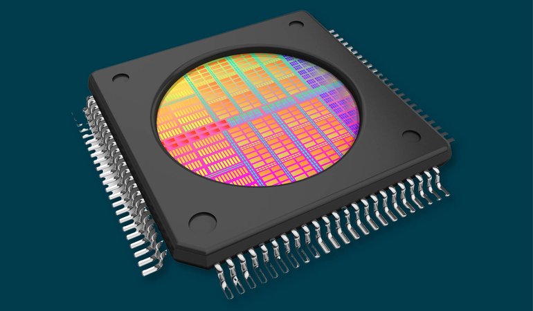 An artist's rendering of a silicon chip.