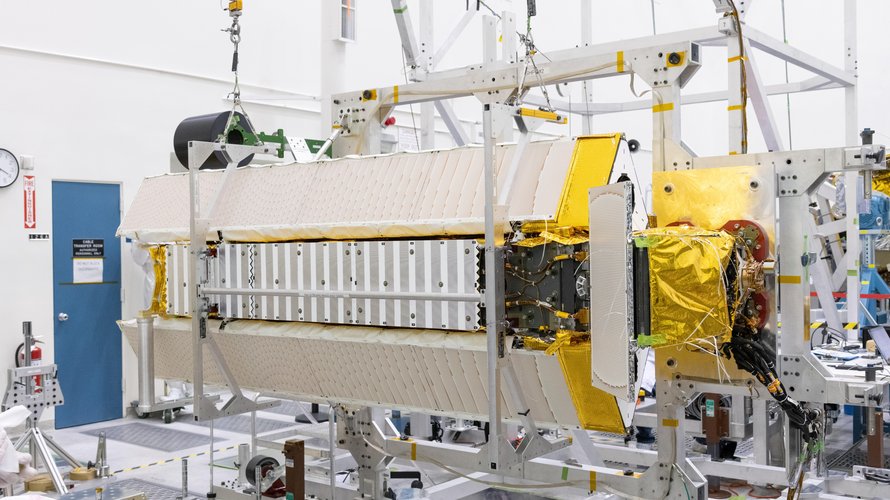 Part of the Surface Water and Ocean Topography (SWOT) satellite's science instrument payload sits in a clean room at NASA's Jet Propulsion Laboratory during assembly.