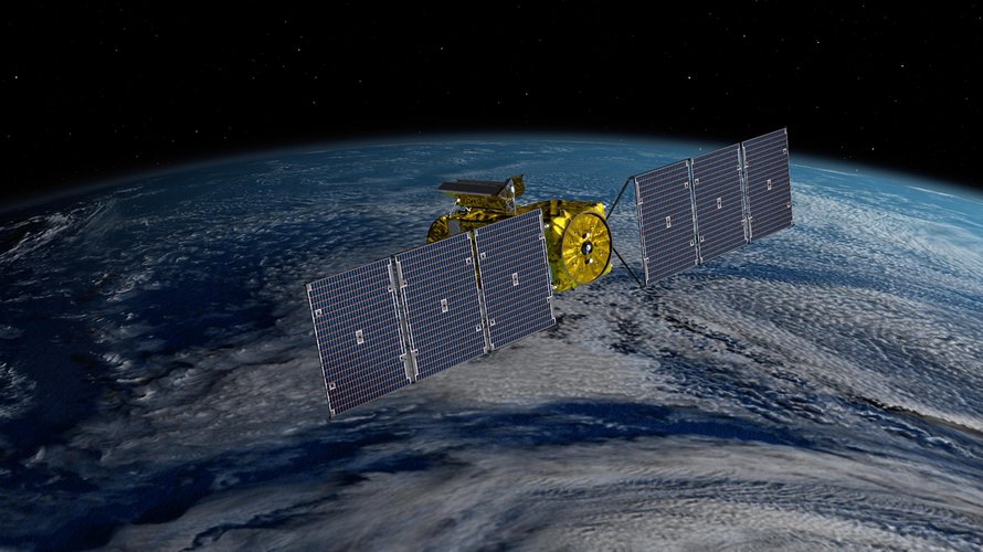 Illustration depicting the Surface Water and Ocean Topography satellite with solar arrays fully deployed.