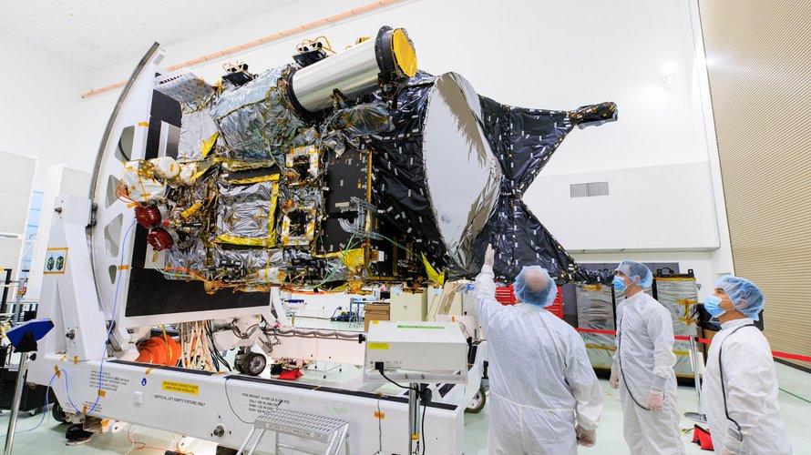 NASA's Psyche spacecraft in a clean room at the Astrotech Space Operations facility.