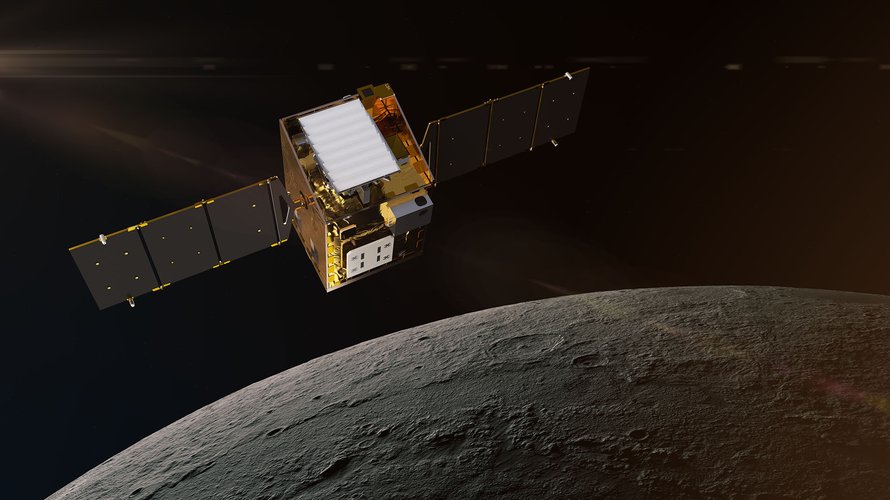 The Golden Lunar Trailblazer spacecraft in space.