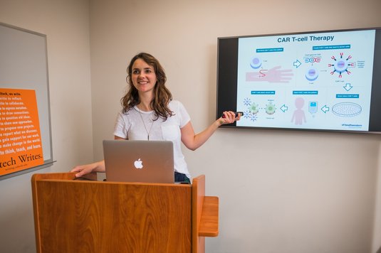 Student presenting in the practice room