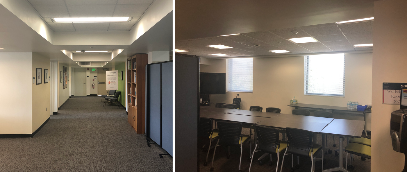 Photo on left: the HWC hallway near the writing specialists' offices, with a bookshelf and chairs along one wall. Photo on right: the workshop space, containing moveable desks and chairs on wheels.