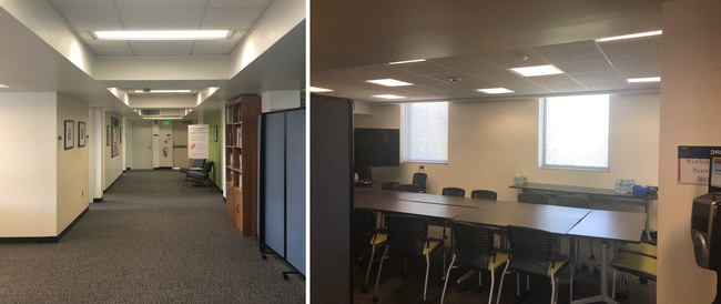 Photo on left: the HWC hallway near the writing specialists' offices, with a bookshelf and chairs along one wall. Photo on right: the workshop space, containing moveable desks and chairs on wheels.