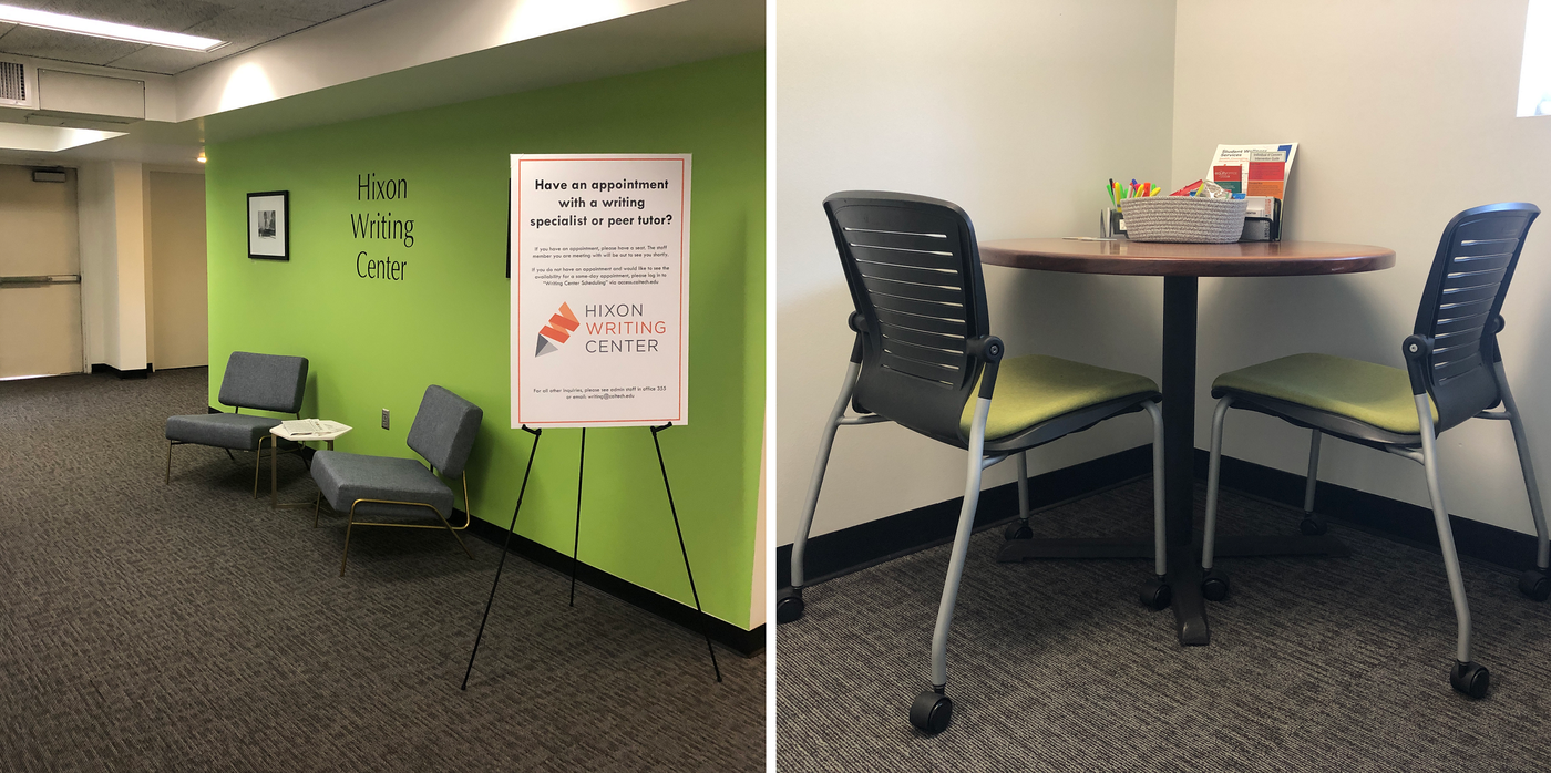 Photo on left: the HWC waiting area, with a green wall and two chairs. Photo on right: a meeting area inside an office, featuring a small table and two chairs on wheels at the table.