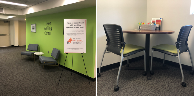 Photo on left: the HWC waiting area, with a green wall and two chairs. Photo on right: a meeting area inside an office, featuring a small table and two chairs on wheels at the table.
